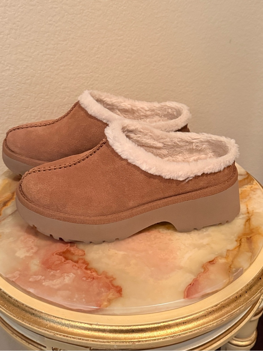 UGG Chestnut Suede Faux-Shearling Mule Clogs